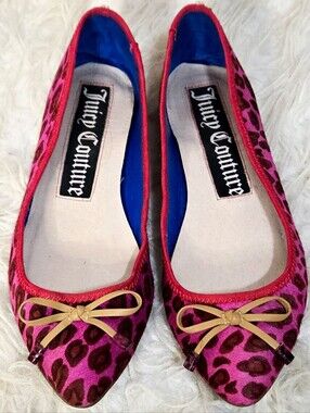 Juicy Couture Pink Animal Leopard Print Ballet Flats Bow Pointed Toe Y2K